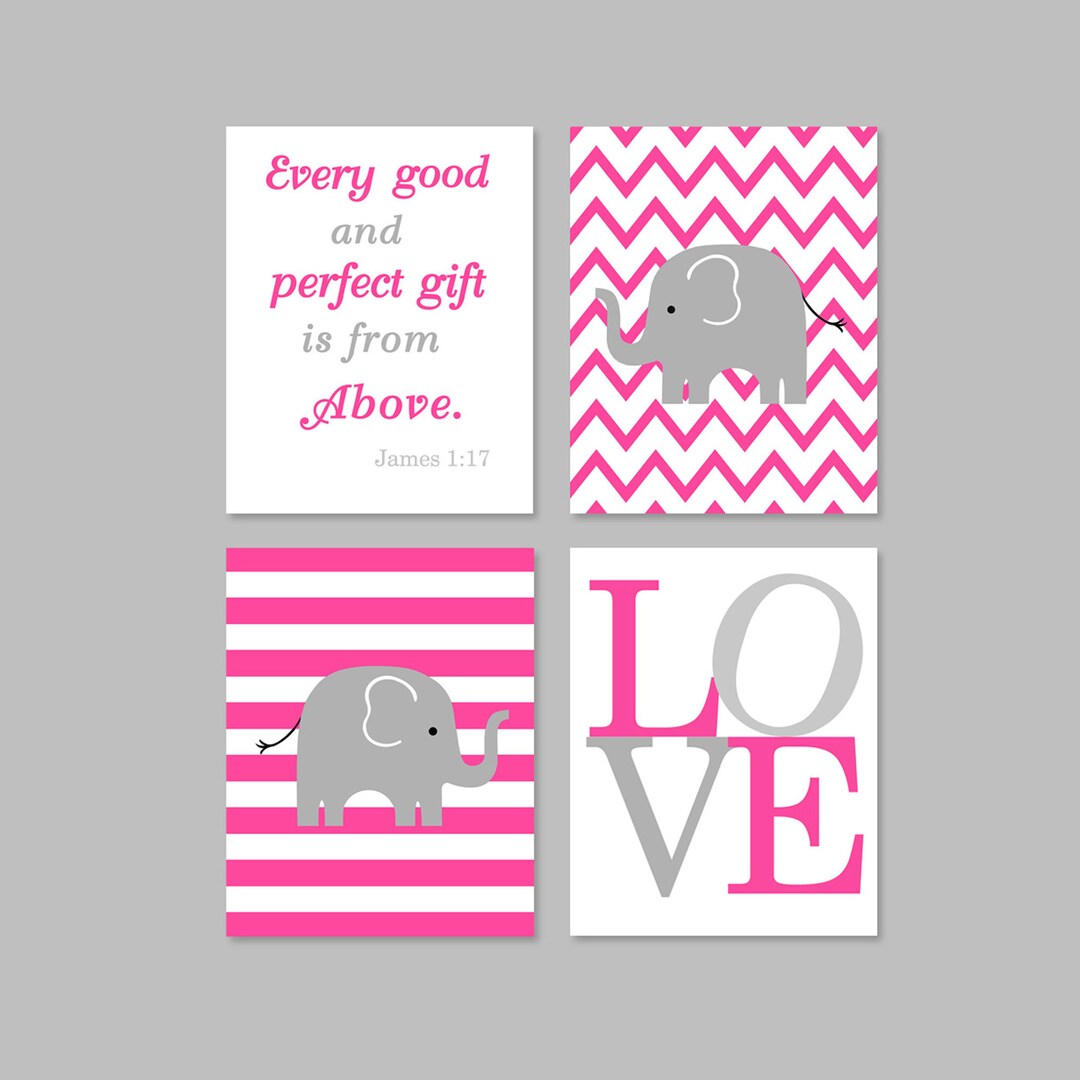 Nursery Art Baby Girl Decor Fuchsia and Gray Elephant Every Good and Perfect Gift Quote Love