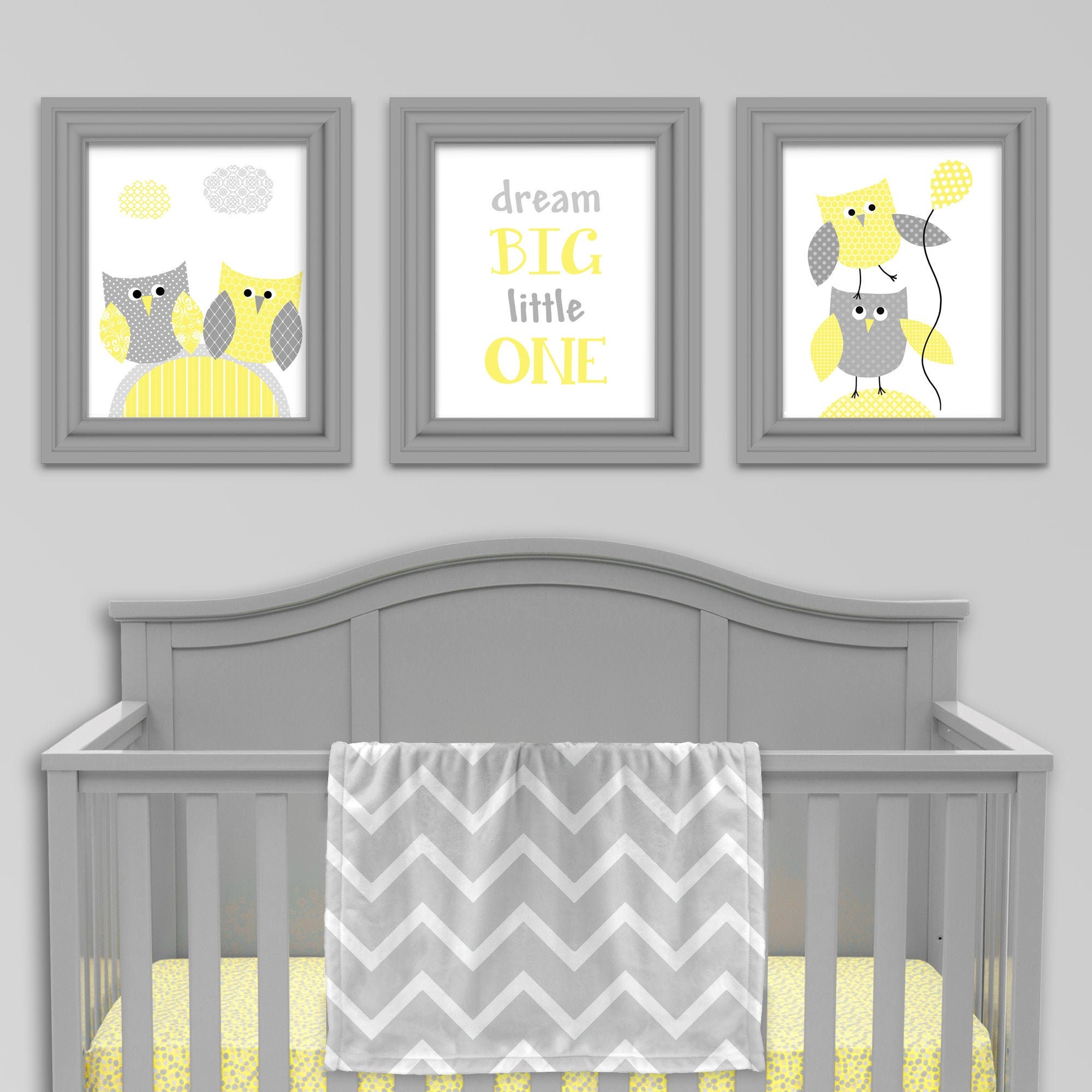 Owl Nursery Art Prints: Grey & Yellow Chevron, Set of 3