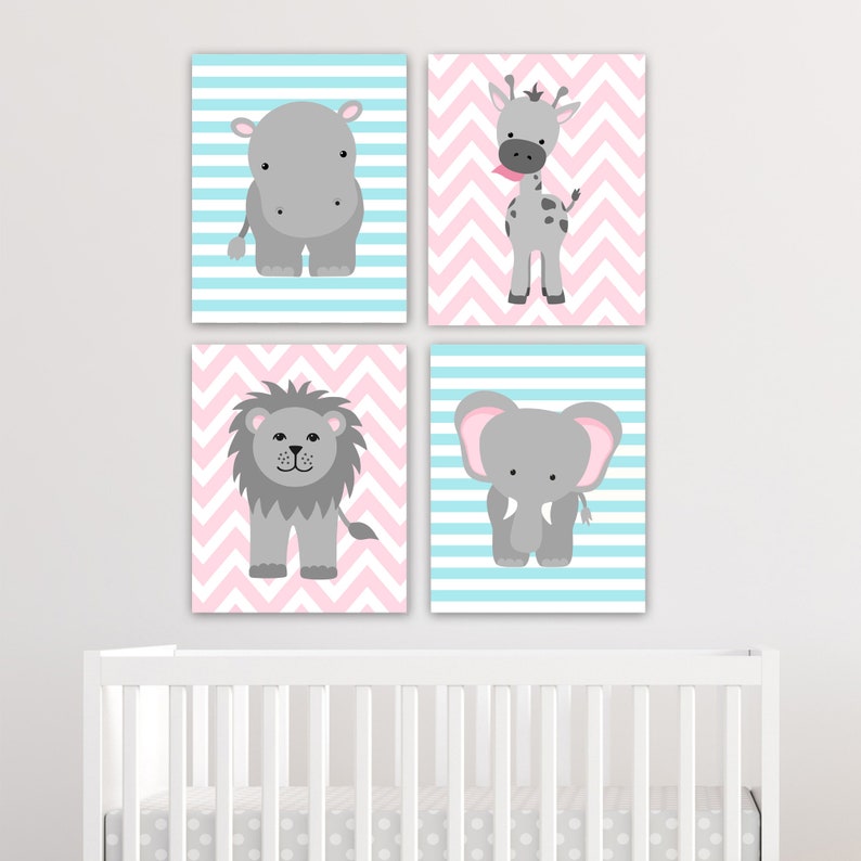 Zoo Nursery Decor Baby Girl Zoo Decor Aqua Pink Grey Safari Etsy