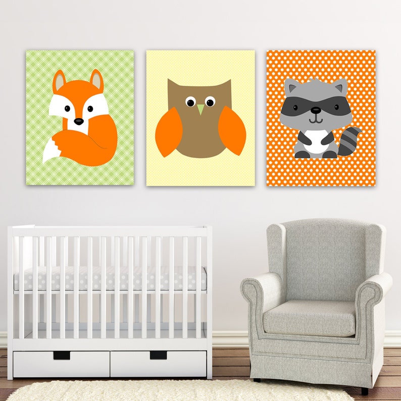 Woodland Animal Nursery Decor Fox Raccoon Owl Gender Neutral Etsy