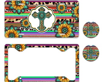 Sunflowers Turquoise Leopard Print Cross Front Car Tag, Serape License Plate Frame, Sandstone Car Coasters, Decorative Auto Accessories