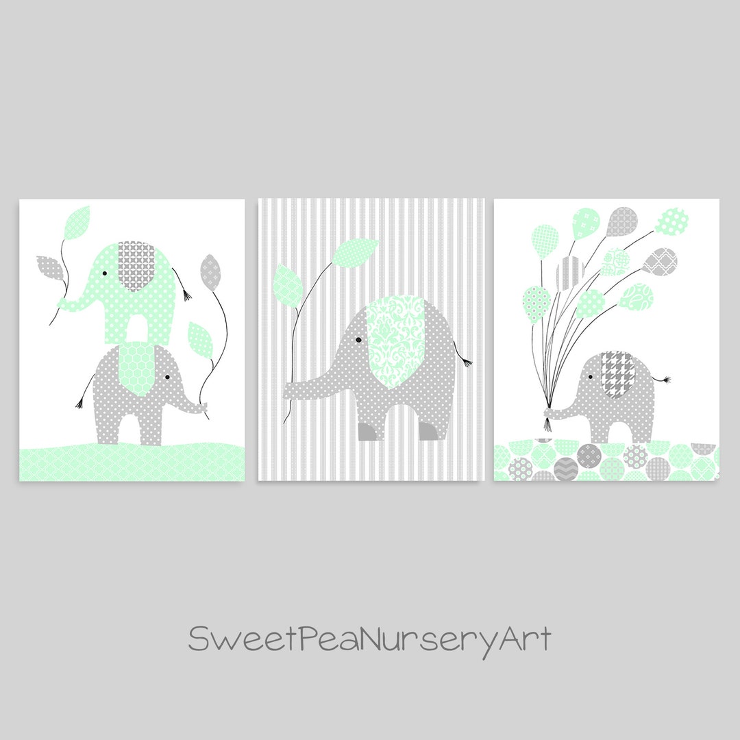 Elephant Nursery Art, Mint and Grey, Nursery Decor, Zoo Nursery, Gender ...