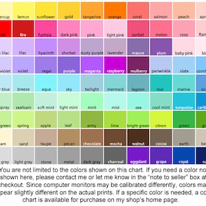 May include: A color chart featuring a grid of various color swatches, each labeled with a specific color name. The chart includes a wide range of hues, from vibrant reds and oranges to soft pastels and blues. Text at the bottom provides additional information.