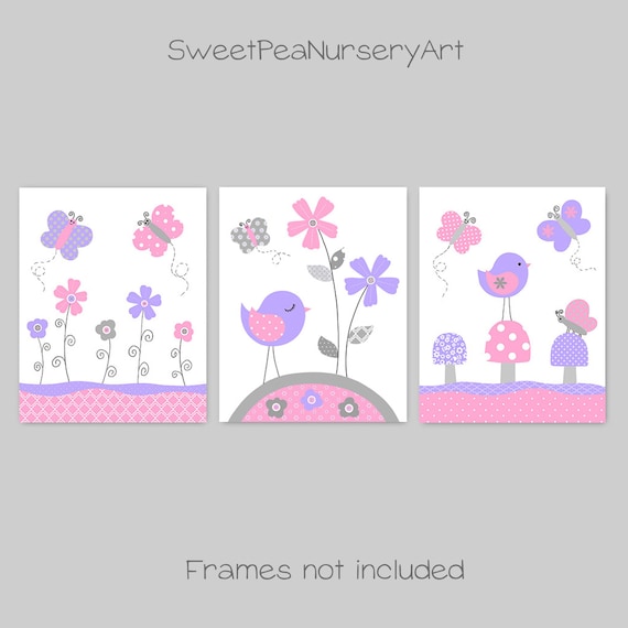 Grey Pink Purple Nursery Art Birds And Butterflies Baby Girl Etsy