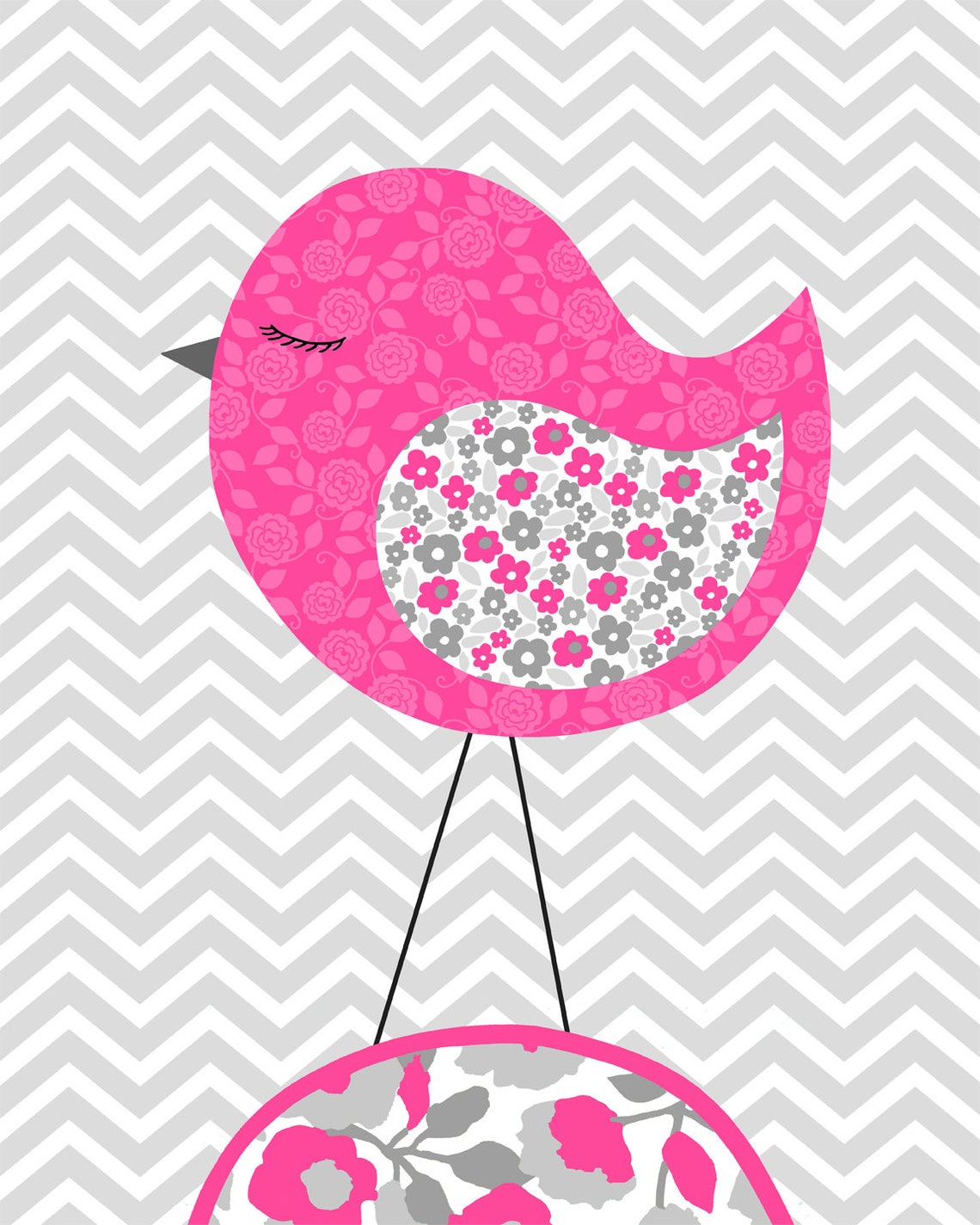 Bird Nursery Art Girl's Nursery Decor Grey and Fuchsia Etsy