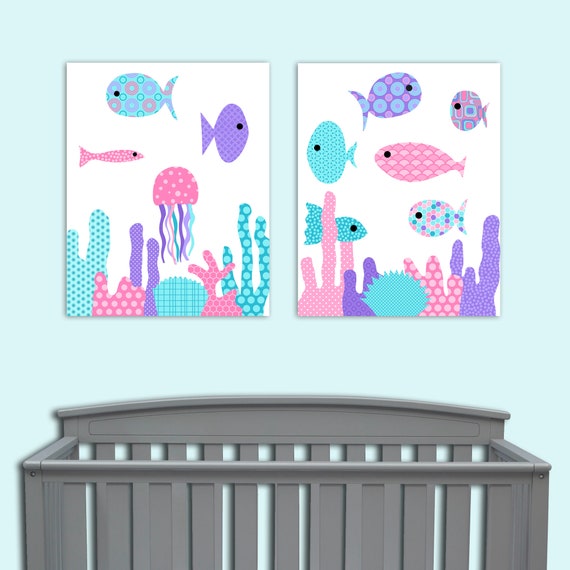 Fish Nursery Art Ocean Nursery Nautical Nursery Girls Girls Room Decor Pink Purple Nursery Cute Nursery Art Fish Canvas Ocean Decor