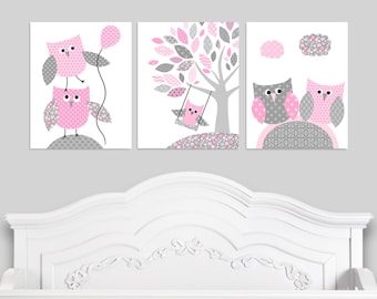 Gray and Pink Owl Nursery Art Prints, Woodland Nursery Art, Set of 3 Prints, Baby Girl Decor, Owl Canvas Art, Owl Canvas Prints