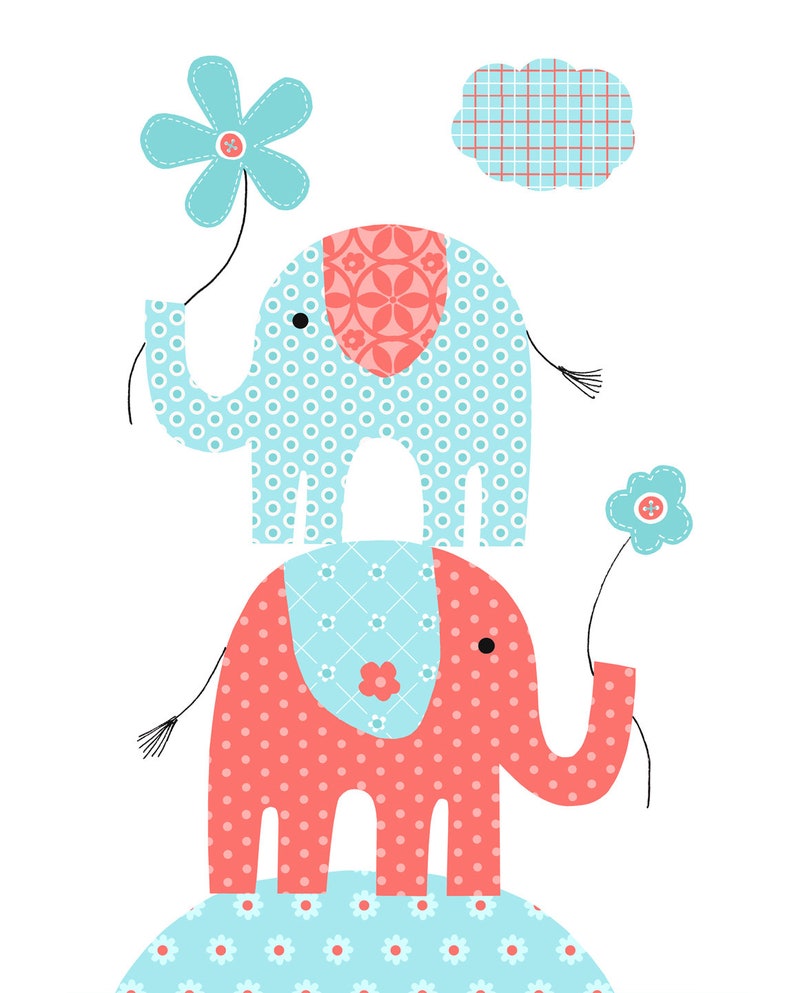 Aqua Blue and Coral Elephant Nursery Prints Set of 3 Girl's Room Decor Baby Shower Gift Baby Girl Bird Playroom Decor Canvas Nursery Art image 3