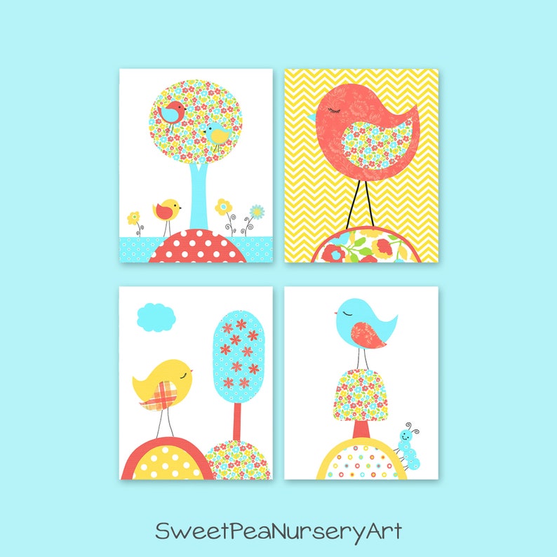 Aqua Coral Yellow Bird Nursery Decor Girl's Room Decor Etsy