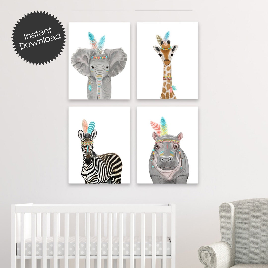 Printable Tribal Jungle Animals Nursery Art Set of 4 Digital - Etsy