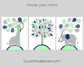 Gray Mint Navy Nursery Art, Elephant Nursery Art, Giraffe Nursery Decor, Childs Room Decor, Gender Neutral, Toddler Decor, Kids Decor