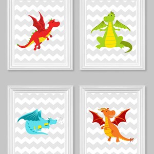 May include: Four framed art prints featuring colorful cartoon dragons. Each dragon is a different color: red, green, blue, and orange. The backgrounds have a gray and white chevron pattern. The frames are white.