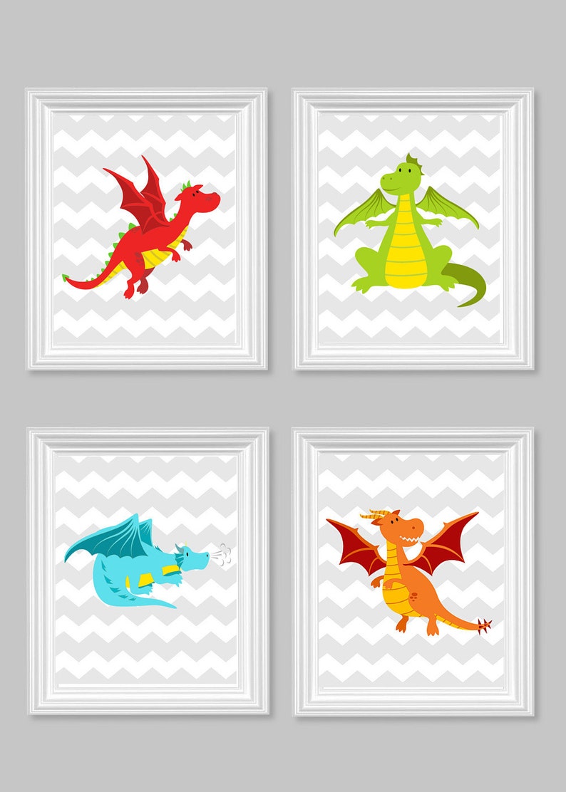 May include: Four framed art prints featuring colorful cartoon dragons. Each dragon is a different color: red, green, blue, and orange. The backgrounds have a gray and white chevron pattern. The frames are white.