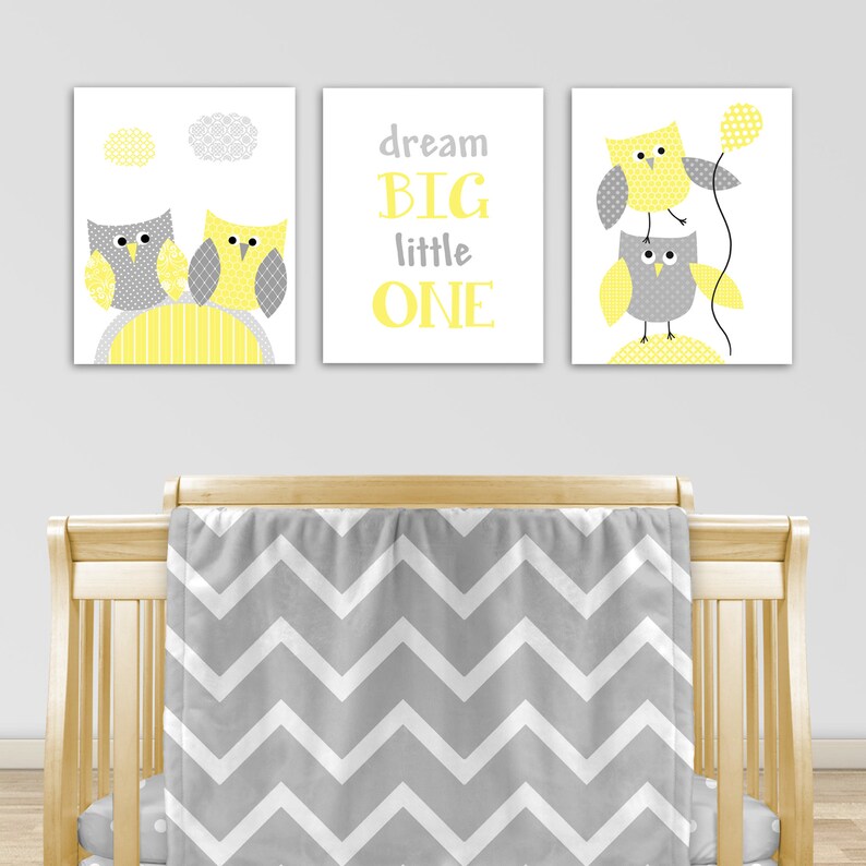 Grey and Yellow Nursery Art Owls Gender Neutral Room Decor Dream Big Little One Chevron Playroom Wall Art Baby Shower Gift Toddler Set of 3 image 2