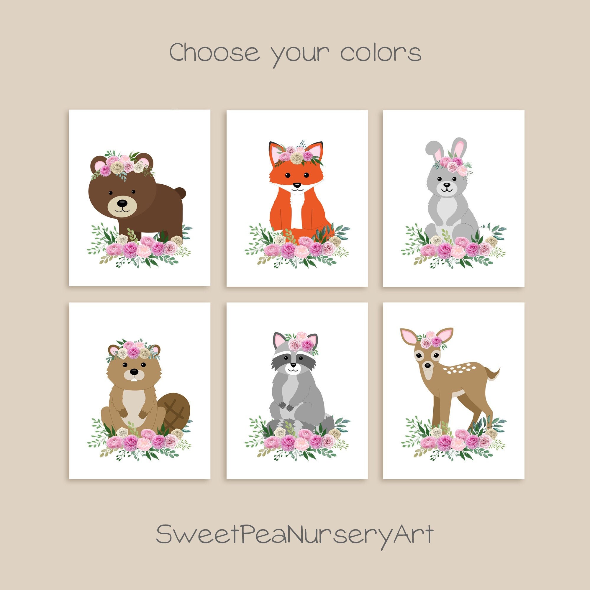 Floral Woodland Decor Boho Floral Woodland Animals Set of 6 Etsy