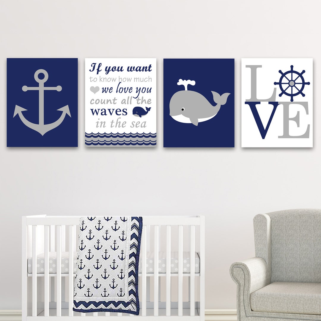 Nautical Nursery Wall Art, Set of 4 Prints, Canvas or Paper, Gray Navy