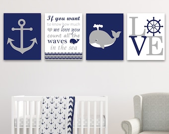 Nautical Nursery Wall Art, Set of 4 Prints, Canvas or Paper, Gray Navy White, Baby Boy Nursery, Gender Neutral, Anchor, Whale, Love Print