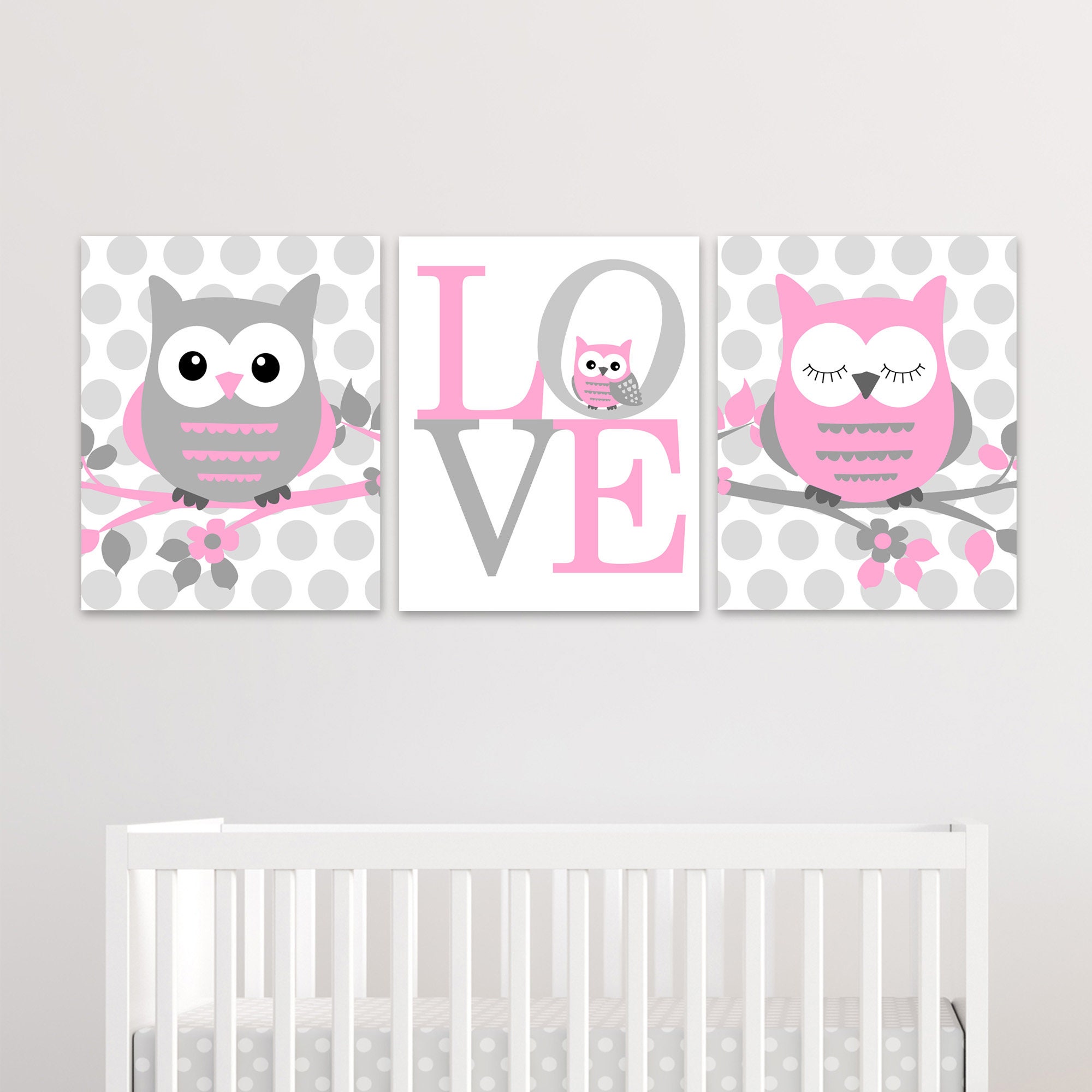Love Nursery Art Canvas Wall Art Baby Girl Room Owl Wall Art Grey and Pink Nursery Owl Nursery Decor Baby Girl Decor Owl Canvas Decor
