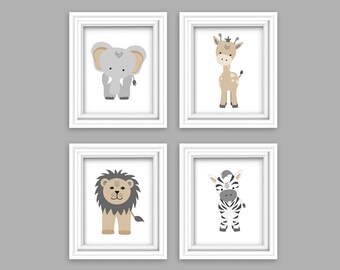 Tribal Jungle Safari Baby Decor, Zoo Canvas Decor, Set of 4 Prints, Elephant Lion Zebra Giraffe, Safari Animal Nursery Pictures, Canvas Art