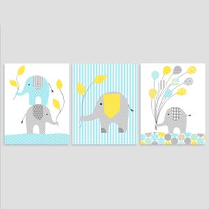 Aqua and Yellow Nursery Decor, Elephant Nursery Art, Kids Room Decor, Gender Neutral, Set of 3 Prints, Baby Boy Decor, Baby Girl Decor