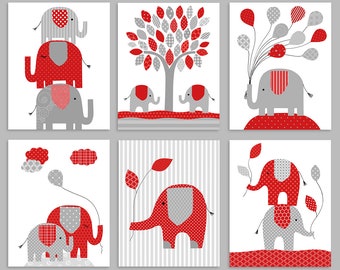 Elephant Nursery, Elephant Wall Art, Baby Boy Nursery, Red and Grey, Boy Wall Decor, Toddler Decor, Nursery Art Prints, Elephant Canvas Art