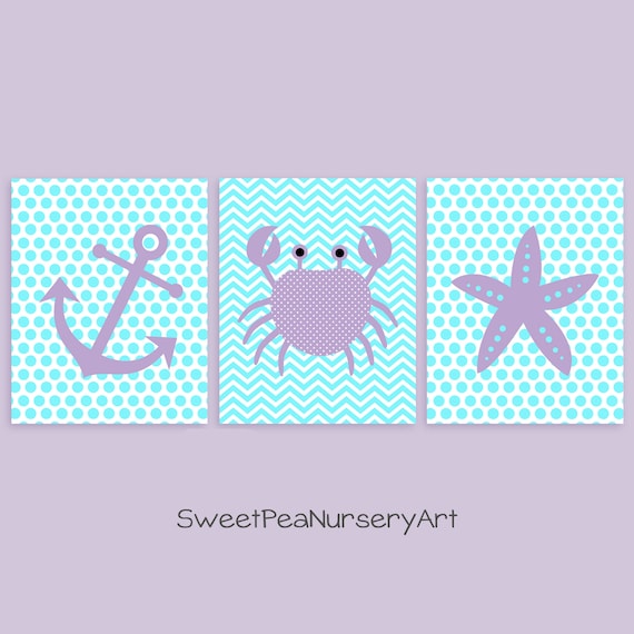 Purple And Aqua Nursery Art Nautical Nursery Decor Ocean Decor Sailboat Crab Anchor Baby Girl Decor Polka Dots Chevron Nursery Art