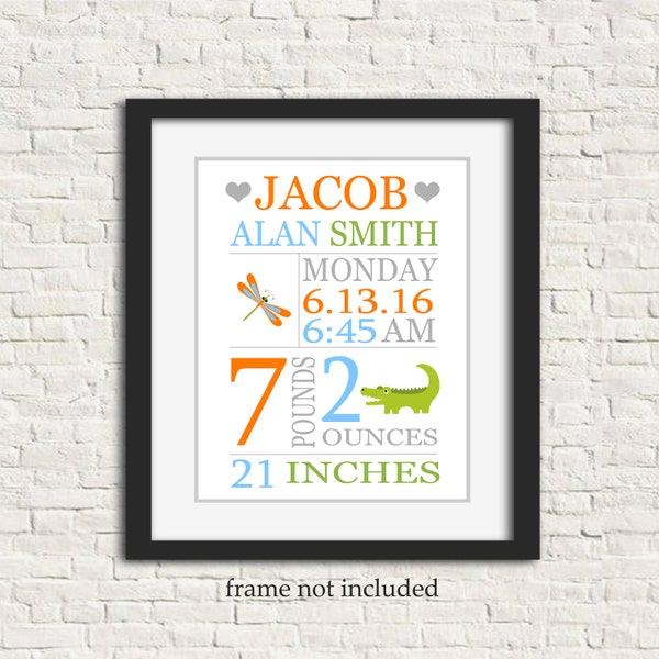 Custom Birth Stats Print, Baby Name Art, Personalized Baby Gift, Birth Announcement, Alligator Birth Stats Print, Baptism Gift, Boy Wall Art