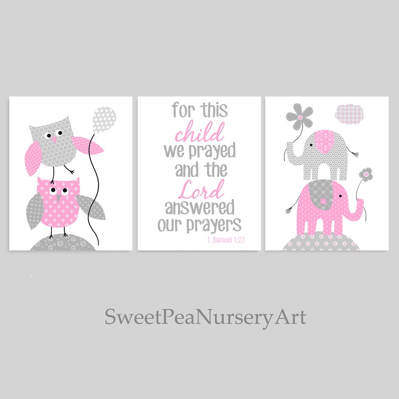 Gray and Pink Nursery Wall Art Elephant Nursery Owl Nursery Etsy