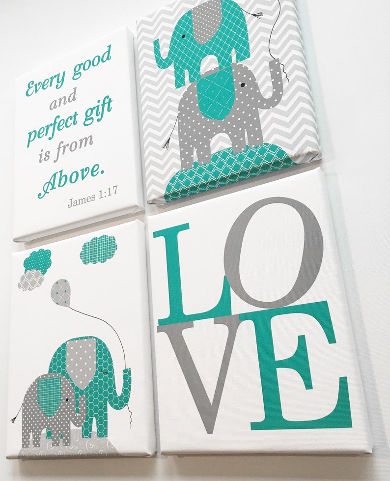 Elephant Nursery Art, Gray Turquoise Teal, Gender Neutral Baby Decor, Bible Verse, Love, Every Good and Perfect Gift Quote, Elephant Canvas image 6