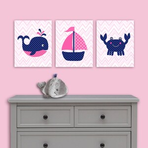 Fuchsia and Navy Nursery Art, Nautical Girl Nursery, Ocean Nursery Decor, Whale Sailboat Crab, Girl&#39;s Room Art, Pink Nautical Canvas Decor