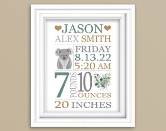 Koala Bear Birth Stats Print, Boy Birth Announcement, Custom Baby Gift, Personalized Baby Gift, New Baby Art, Baptism Gift