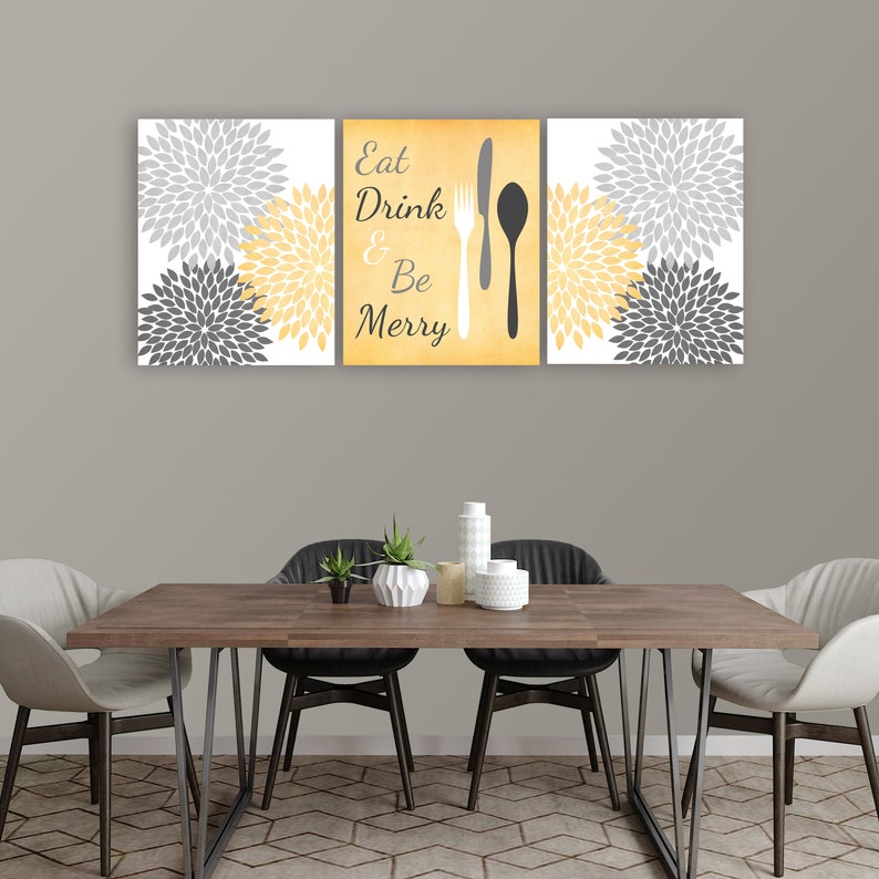 Kitchen Wall Decor Eat Drink & Be Merry Dahlia Flowers Gray Etsy
