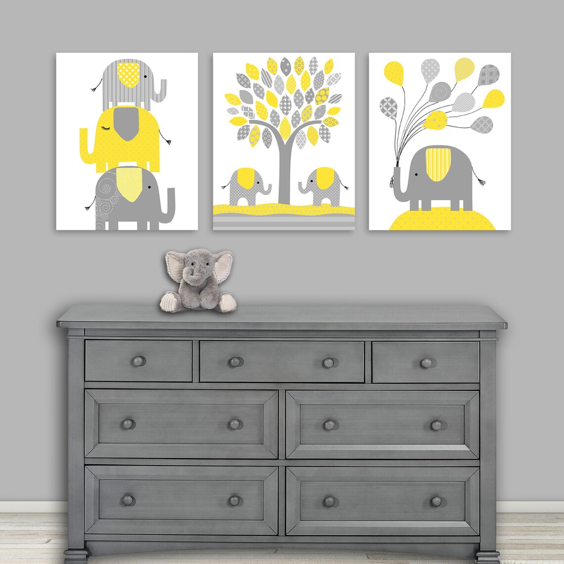 Elephant Nursery Wall Decor Grey and Yellow Nursery Art Etsy