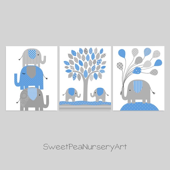 blue and grey elephant nursery