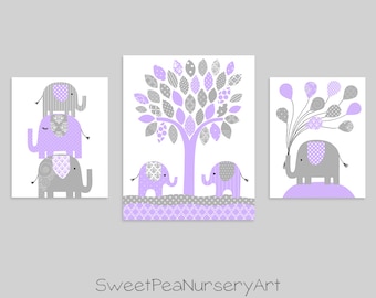 Elephant Nursery Decor, Zoo Nursery, Grey and Lilac, Nursery Wall Art, Baby Girl Prints, Purple Nursery, Purple Elephant, Nursery Wall Decor