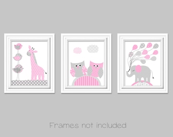 Grey and Pink, Nursery Wall Art, Zoo Nursery, Owl Nursery, Girl's Room Decor, Baby Girl, Toddler Room Art, Playroom Decor, Baby Shower Gift