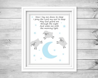 Now I Lay Me Down To Sleep, Sheep Nursery Art, Nursery Prayer, Grey and Baby Blue, Baby Boy Decor, Boy Wall Art, Lamb Nursery Decor, Canvas