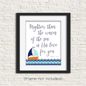 Mightier Than The Waves Of The Sea, Nautical Nursery, Psalm 93:4, Baby Boy Decor, Scripture Nursery Print, Sailboat Nursery, Canvas Wall Art