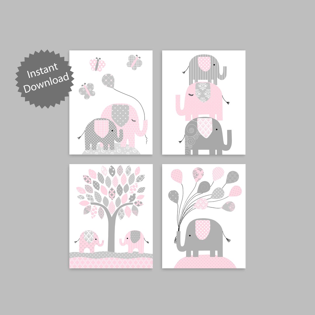 Printable Pink and Grey Elephant Nursery Art Digital - Etsy