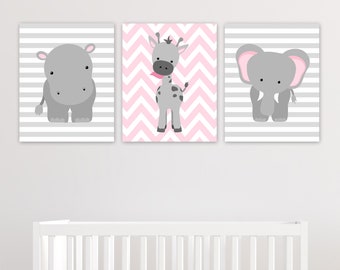 Zoo Nursery Art, Elephant Nursery Art, Pink and Grey, Baby Nursery Decor, Baby Room Decor, Girls Room Decor, Nursery Canvas Art, Jungle