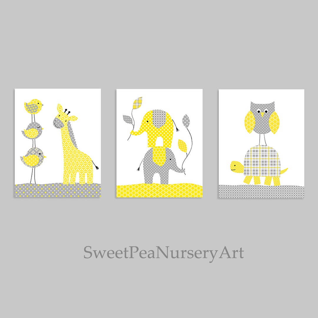 Nursery Art, Grey and Yellow, Elephant Nursery, Turtle Nursery, Giraffe