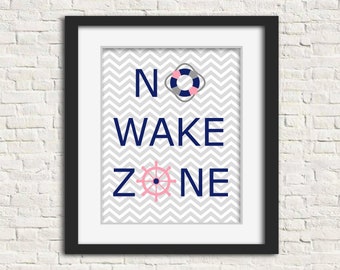 No Wake Zone Nursery Print, Nautical Nursery Art, Baby Decor, Baby Shower Gift, Chevron, Gray Navy Pink, Baby Girl Room Decor, Ocean Decor