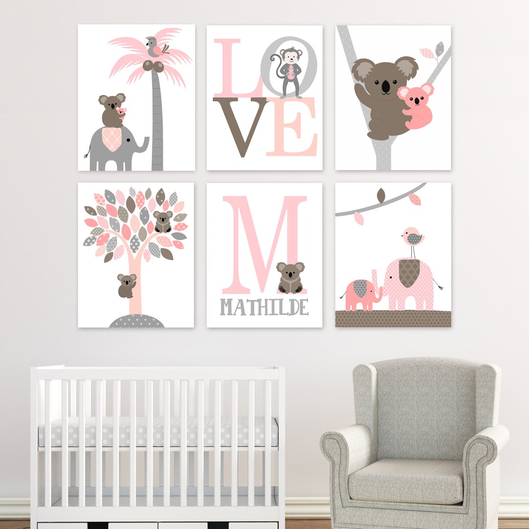 Koala Bear Nursery Decor, Baby Girl Wall Art, Jungle Canvas Prints