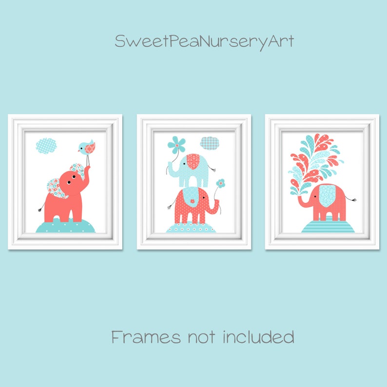 Aqua Blue and Coral Elephant Nursery Prints Set of 3 Girl's Room Decor Baby Shower Gift Baby Girl Bird Playroom Decor Canvas Nursery Art image 1