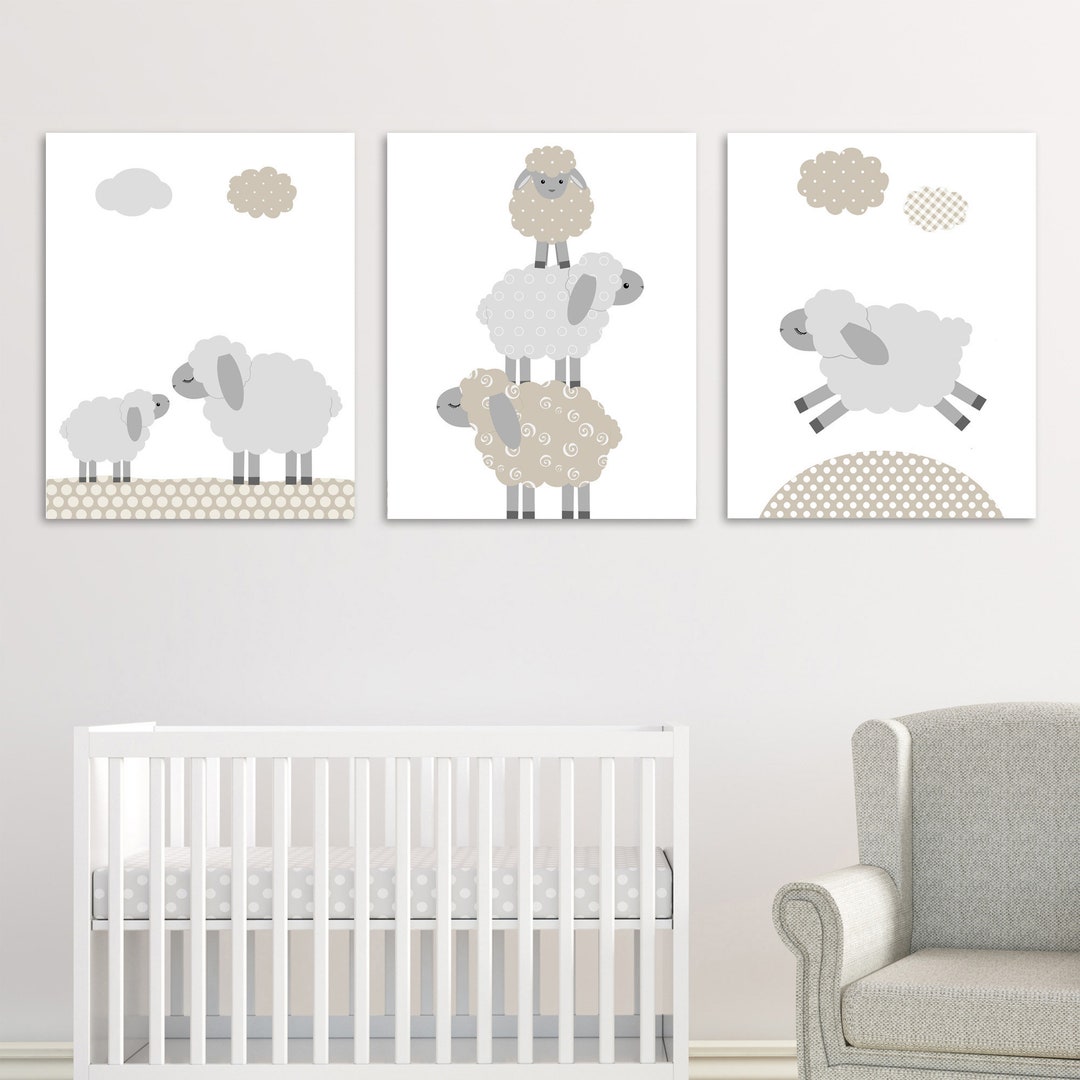 Lamb Nursery Decor Sheep Wall Art Gender Neutral Baby Wall Decor Beige and Grey Set of 3 Prints Baby Lamb Pictures Canvas Available Etsy
