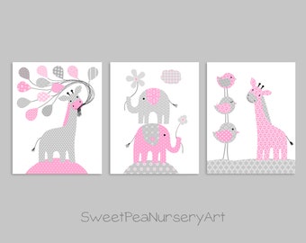 Elephant Nursery Art, Baby Zoo Nursery Decor, Baby Girl Decor, Zoo Baby Art, Girl's Room Wall Decor