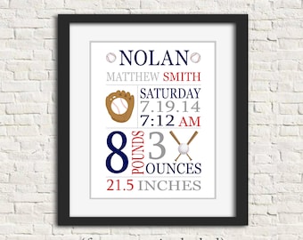 Baseball Birth Stats Print, Boy Birth Stats, Baby Name Art, Custom Baby Gift, Personalized Baby Gift, Birth Announcement, Baptism, Boy Decor