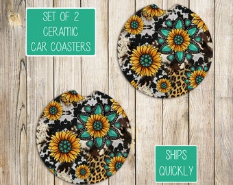Sunflower Leopard Cow Turquoise Ceramic Car Coasters, Set of 2, Glossy Finish, Southwestern Coasters, Stocking Stuffer, New Driver Gift