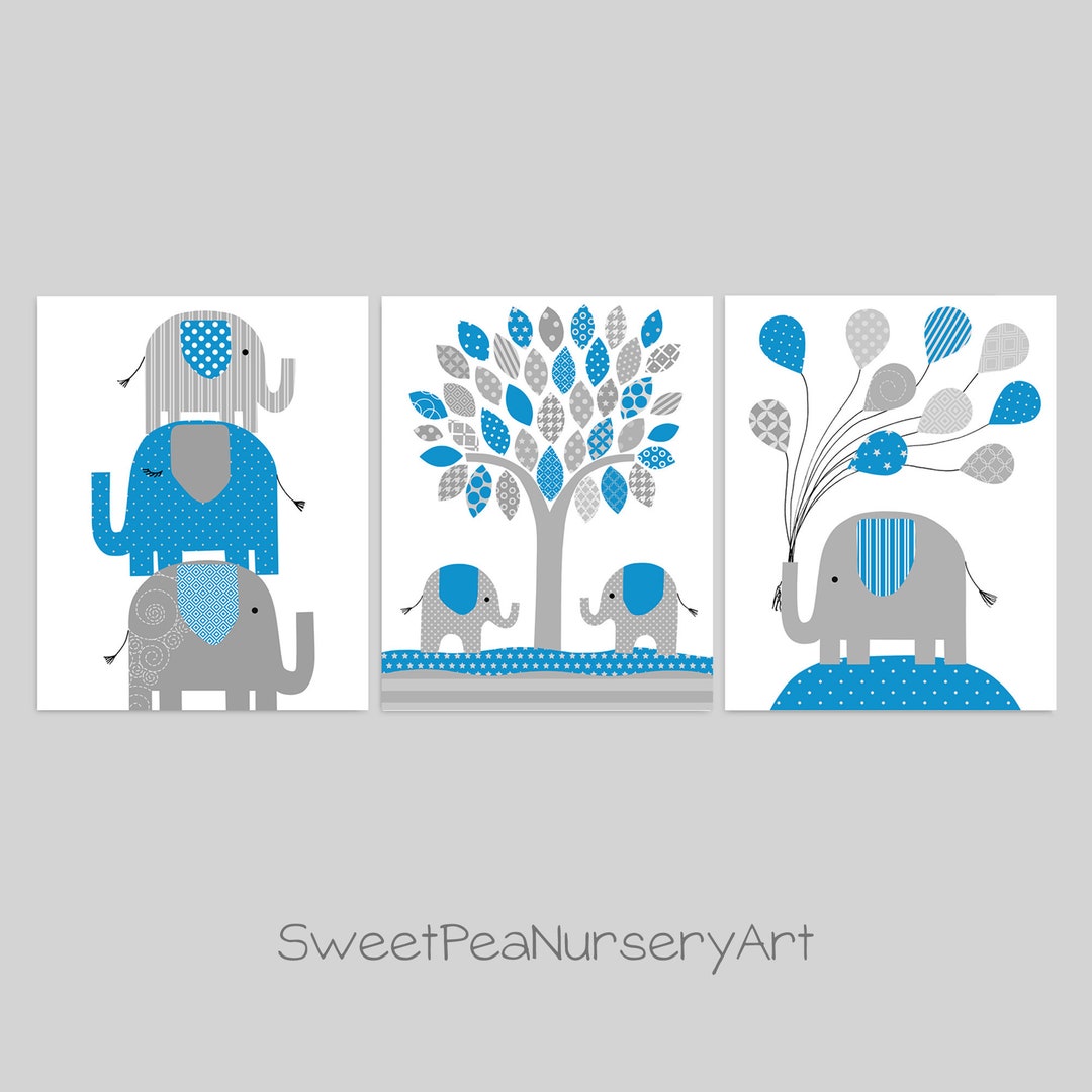 Elephant Nursery Decor, Baby Wall Art, Elephant Prints, Blue and Grey