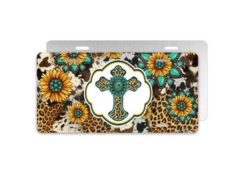 Sunflowers Turquoise Leopard Print Cross, Novelty License Plate, Front of Car Tag, Aluminum License Plate, Decorative Car Tag, Vanity Plate